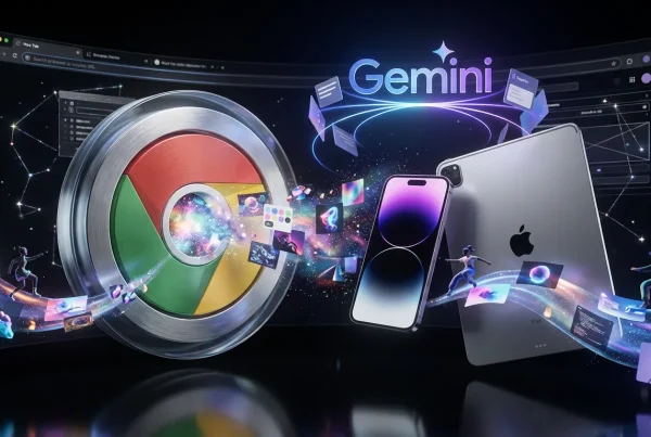 Surreal iPhone and iPad with Chrome and Gemini logos emitting creative visuals in a cosmic browser world