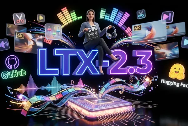 Dynamic scene mixing LTX-2.3 logo, film, audio waves, and Lightricks, GitHub, Hugging Face logos