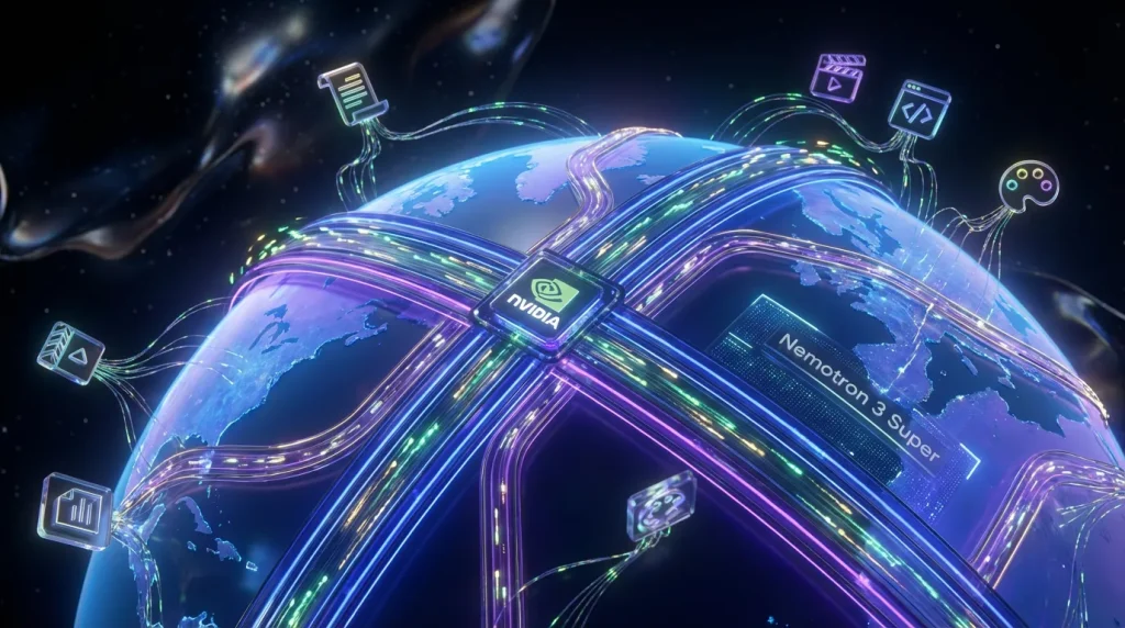 Futuristic neural network planet with NVIDIA logo, data streams, orbiting creative tools, and Nemotron 3 Super branding