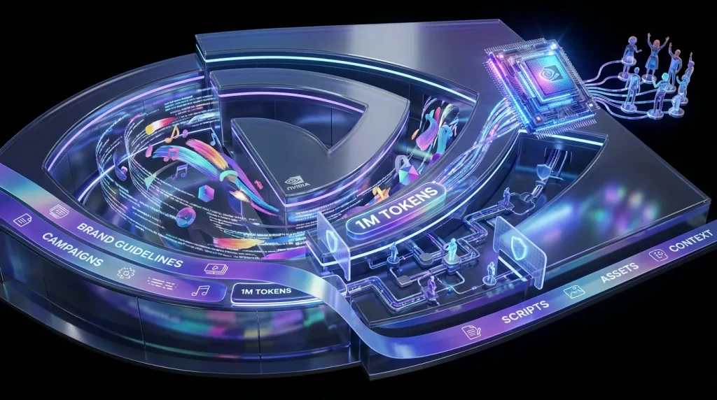 Futuristic NVIDIA control room visualizing Nemotron 3 Super, memory ribbons, creative workflows and security guardrails