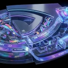Futuristic NVIDIA control room visualizing Nemotron 3 Super, memory ribbons, creative workflows and security guardrails