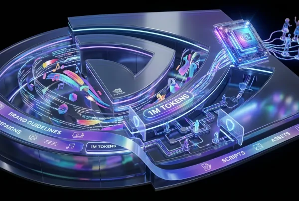 Futuristic NVIDIA control room visualizing Nemotron 3 Super, memory ribbons, creative workflows and security guardrails