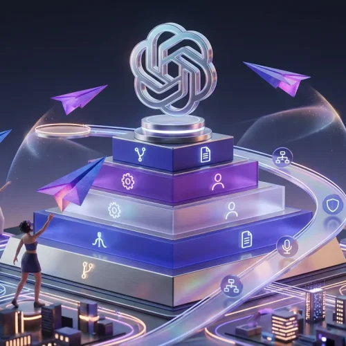 Giant glowing OpenAI logo atop a pyramid guiding creative prompts through colorful, energetic boundaries