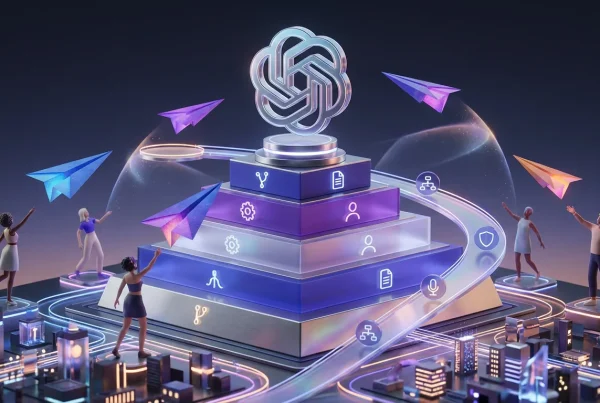 Giant glowing OpenAI logo atop a pyramid guiding creative prompts through colorful, energetic boundaries