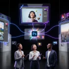 Whimsical gallery with floating Photoshop edits, glowing chat sidebar and colorful Firefly, Adobe logos