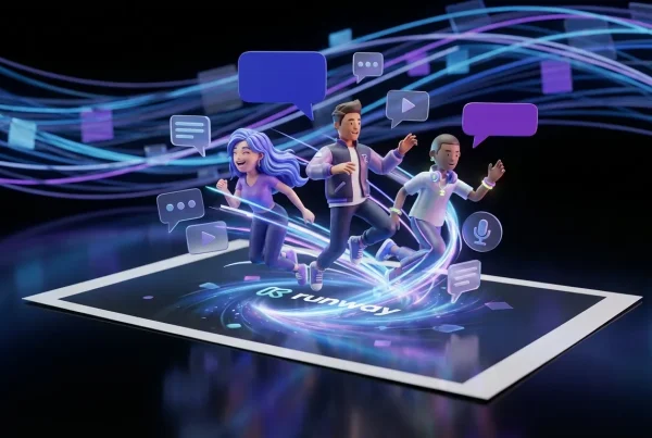 Colorful avatars leap from a single photo, engaging users, Runway logo glowing at the center