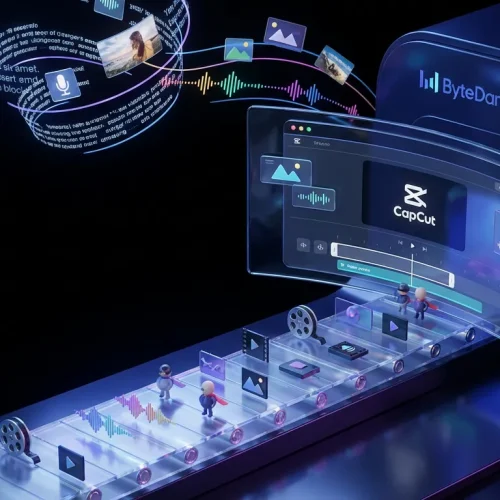 Playful video-editing factory with ByteDance and Dreamina logos, superhero editors, swirling references, vibrant content assembly