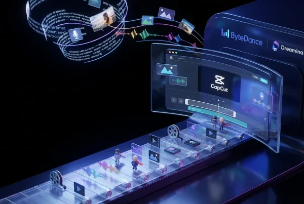 Playful video-editing factory with ByteDance and Dreamina logos, superhero editors, swirling references, vibrant content assembly