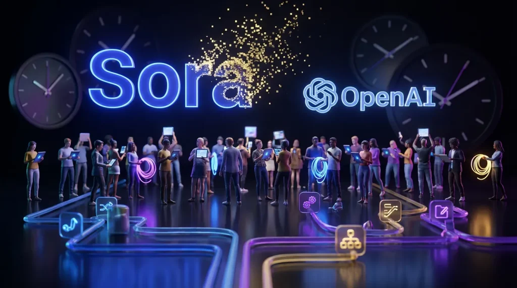 Creators scramble under dissolving Sora and OpenAI logos, catching assets as golden pixels drift upward