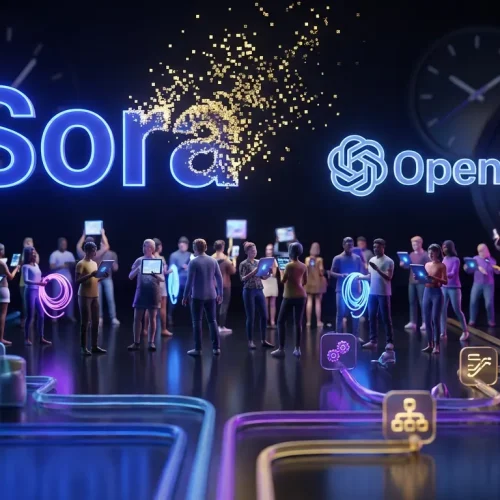 Creators scramble under dissolving Sora and OpenAI logos, catching assets as golden pixels drift upward