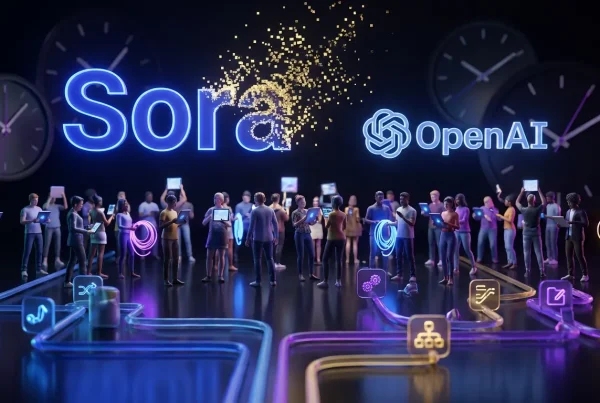 Creators scramble under dissolving Sora and OpenAI logos, catching assets as golden pixels drift upward