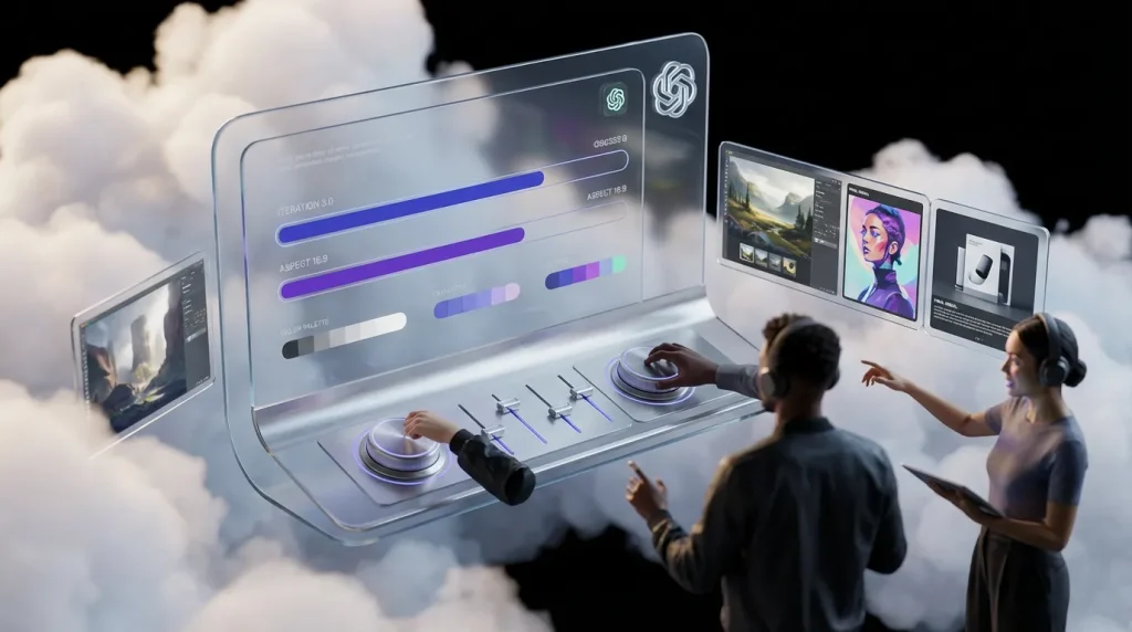 Floating art direction control room with OpenAI and ChatGPT logos, humans refining vivid digital images
