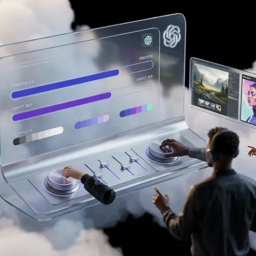 Floating art direction control room with OpenAI and ChatGPT logos, humans refining vivid digital images