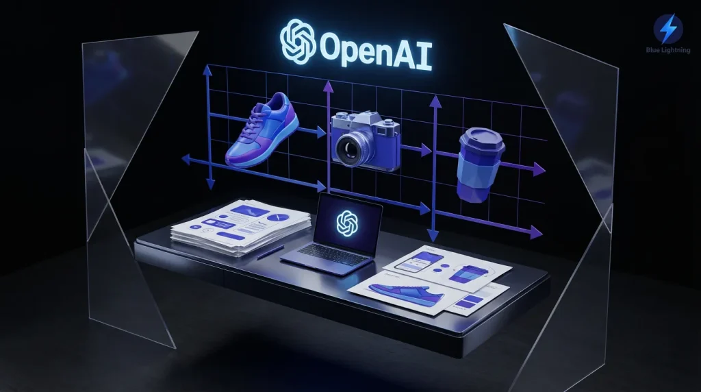 Conceptual art director desk with floating products, ChatGPT and OpenAI logos, sharp text elements and grids