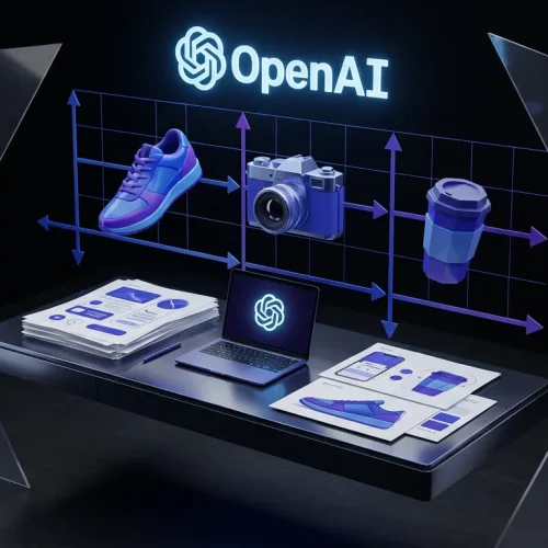 Conceptual art director desk with floating products, ChatGPT and OpenAI logos, sharp text elements and grids
