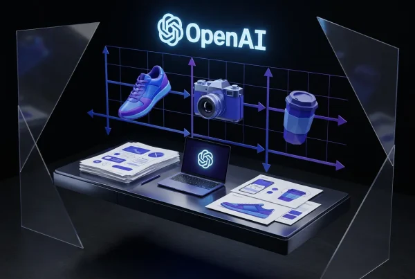 Conceptual art director desk with floating products, ChatGPT and OpenAI logos, sharp text elements and grids