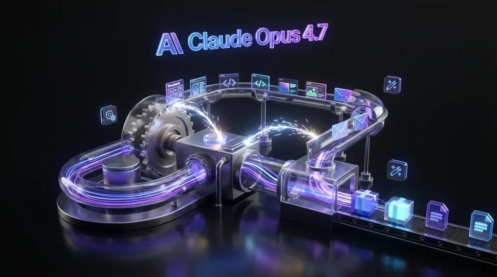 Creative assembly line powered by Claude Opus 4.7 logo, transforming tasks into seamless automated deliverables