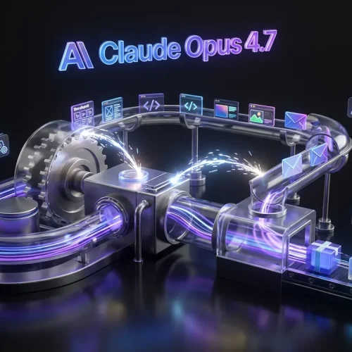 Creative assembly line powered by Claude Opus 4.7 logo, transforming tasks into seamless automated deliverables