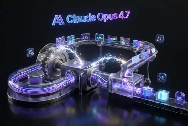 Creative assembly line powered by Claude Opus 4.7 logo, transforming tasks into seamless automated deliverables