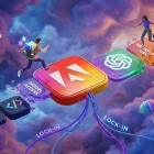 Creators navigating a floating obstacle course of shifting software logos in vibrant, surreal cloudscape