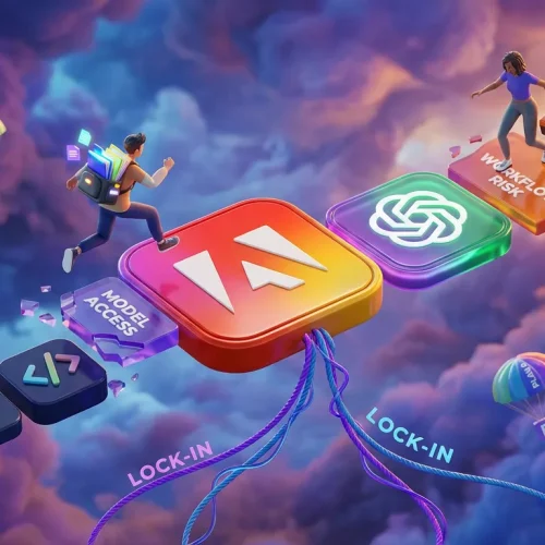 Creators navigating a floating obstacle course of shifting software logos in vibrant, surreal cloudscape