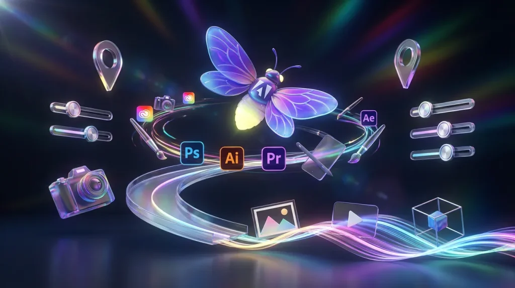 Glowing Adobe firefly leads creative assets across colorful sky with Creative Cloud icons and controls