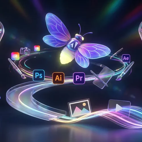 Glowing Adobe firefly leads creative assets across colorful sky with Creative Cloud icons and controls