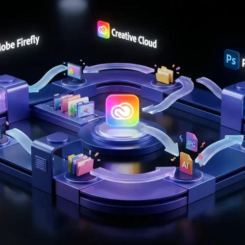 Surreal creative assembly line with glowing Adobe logos, creators collaborating and colorful workflow arrows