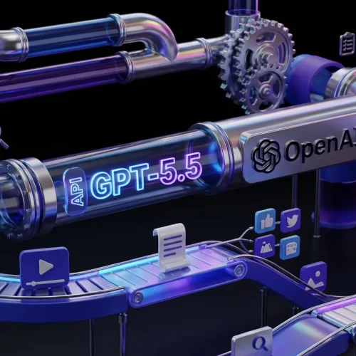 Vivid Rube Goldberg machine powered by OpenAI GPT-5.5 logos transforming digital assets through automation