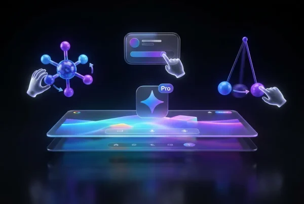 Vibrant floating 3D models, Gemini logo, and interactive controls in a creative digital landscape