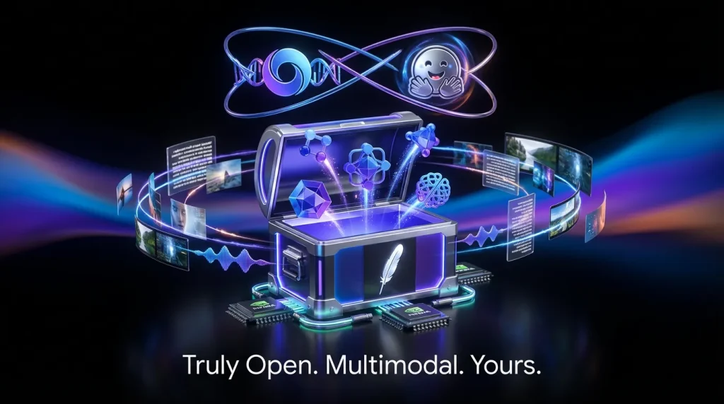 Gemma 4 icons bursting from unlocked chest with Google DeepMind, Apache 2.0, Hugging Face logos