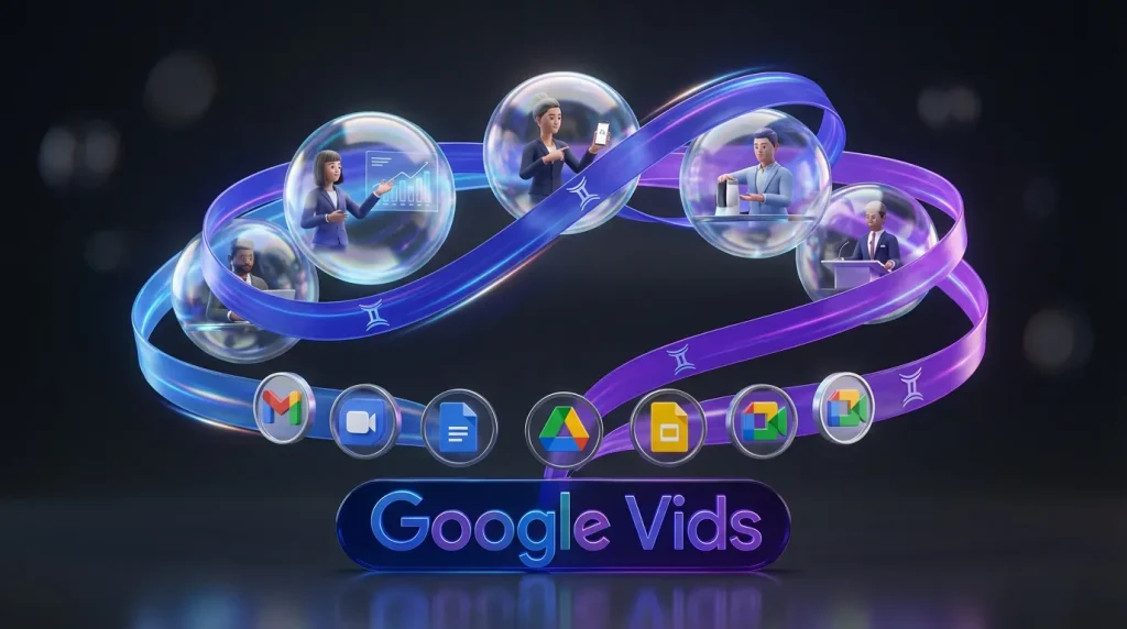 AI avatars present in dynamic video bubbles above a Google Vids logo with workspace icons swirling