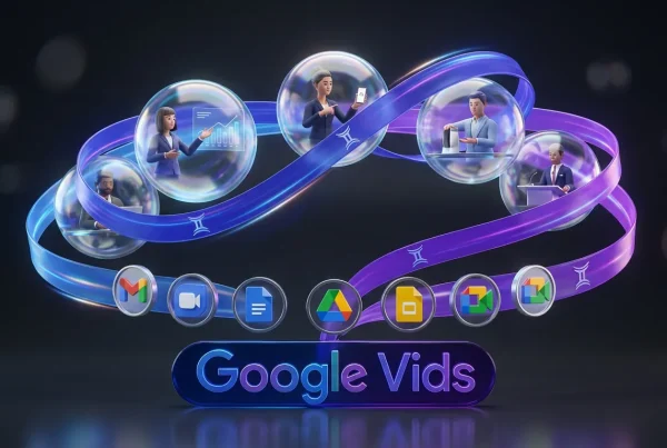 AI avatars present in dynamic video bubbles above a Google Vids logo with workspace icons swirling