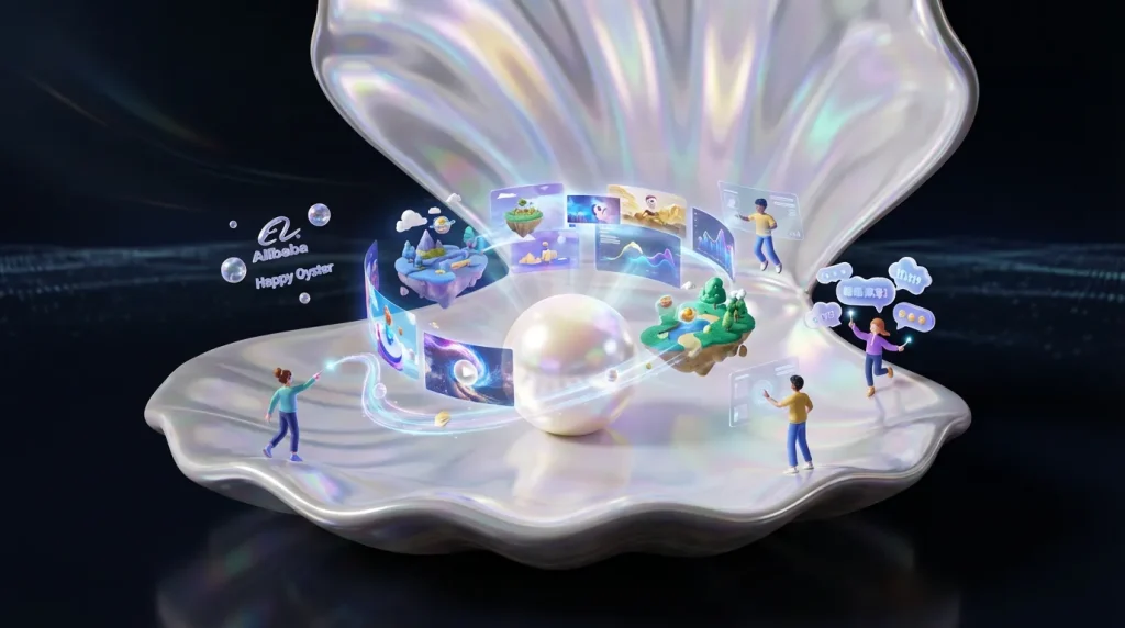 Giant glowing oyster opens to reveal Alibaba Happy Oyster world of interactive, evolving 3D video scenes