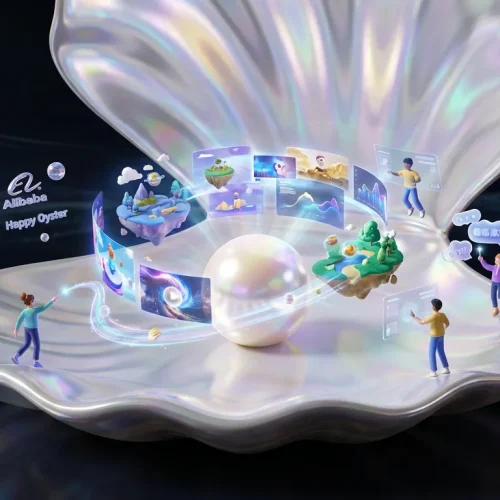 Giant glowing oyster opens to reveal Alibaba Happy Oyster world of interactive, evolving 3D video scenes