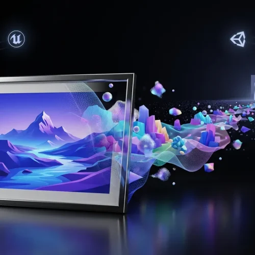 Expansive surreal 3D world blooming from a single photo with NVIDIA and creative pipeline logos