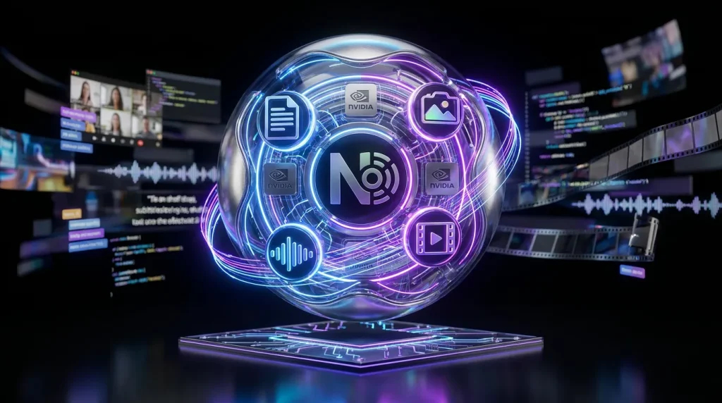 Surreal sphere fusing NVIDIA Nemotron 3 Nano Omni with icons for text image audio and video