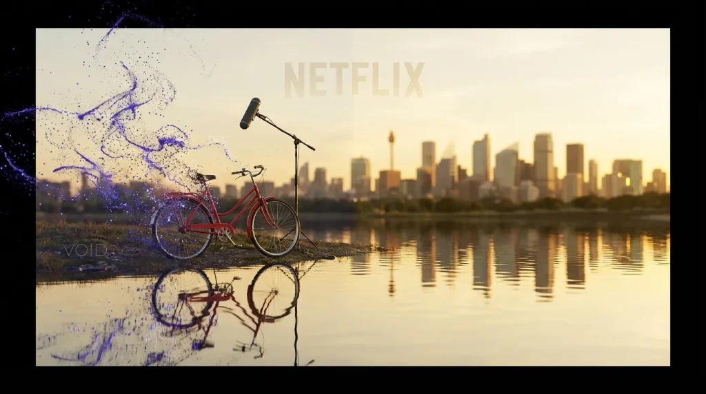 Cinematic city scene with objects erased by VOID, restoring flawless reflections and lighting, Netflix logo visible