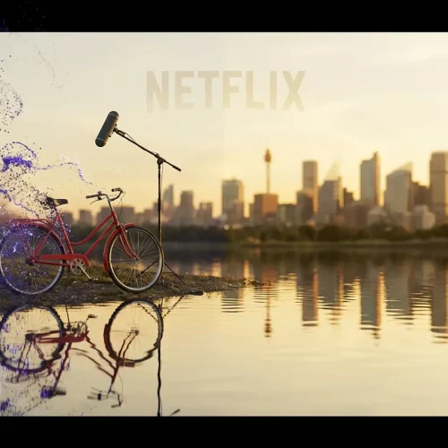 Cinematic city scene with objects erased by VOID, restoring flawless reflections and lighting, Netflix logo visible