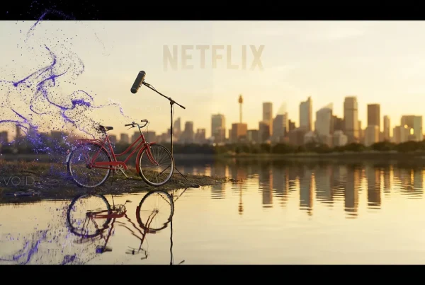 Cinematic city scene with objects erased by VOID, restoring flawless reflections and lighting, Netflix logo visible