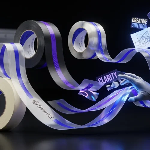Whirling OpenAI-branded tape morphs into images, clear text, UI, and posters in creative studio