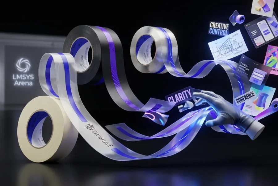 Whirling OpenAI-branded tape morphs into images, clear text, UI, and posters in creative studio