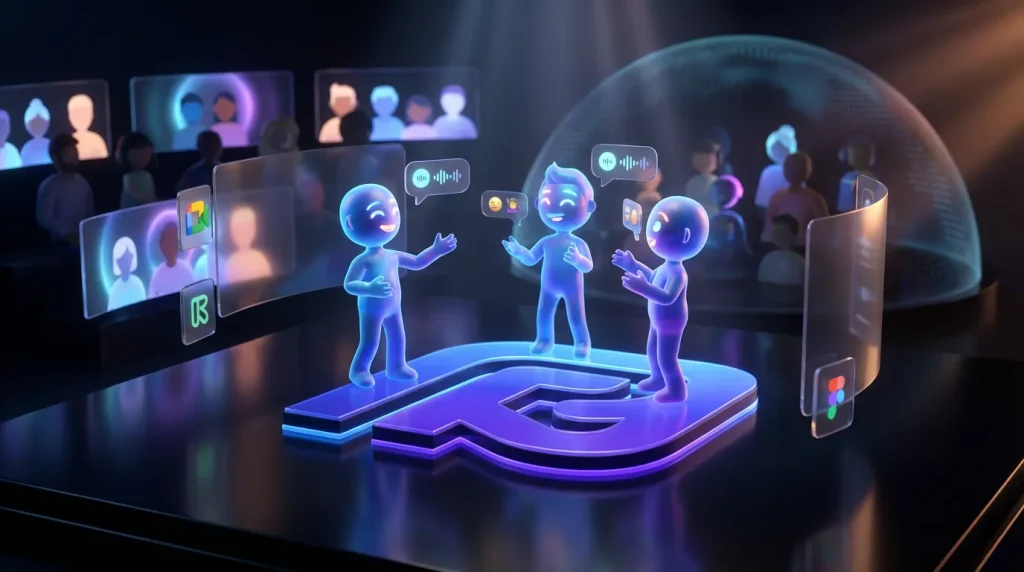 Colorful avatars hosting live video on a glowing Pika Labs stage with real-time interactions shown