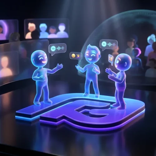 Colorful avatars hosting live video on a glowing Pika Labs stage with real-time interactions shown