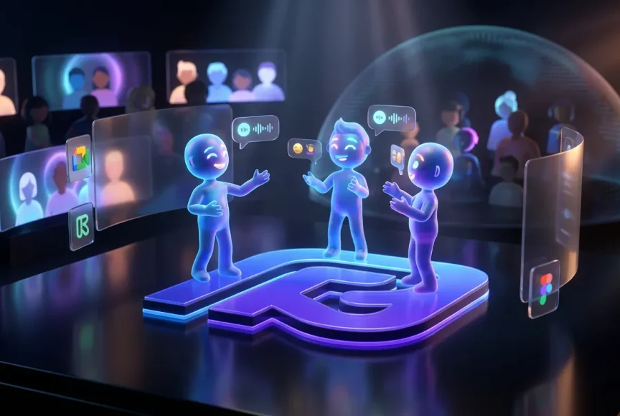 Colorful avatars hosting live video on a glowing Pika Labs stage with real-time interactions shown