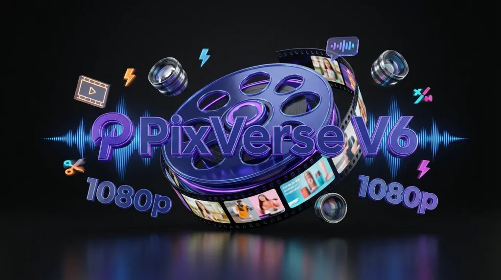 Bursting film reel with PixVerse V6 logo, cinematic shots, audio waves, camera lenses, vibrant ad energy