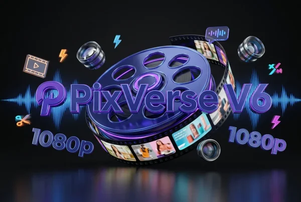 Bursting film reel with PixVerse V6 logo, cinematic shots, audio waves, camera lenses, vibrant ad energy