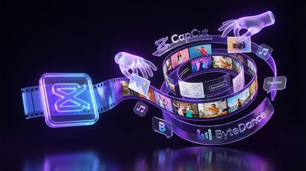 Surreal CapCut timeline morphs into vivid video reels with ByteDance logo, illustrated hands remixing content