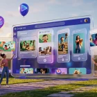 Creators gather around giant floating Google Vids interface with popping Veo scene cards and playful logos