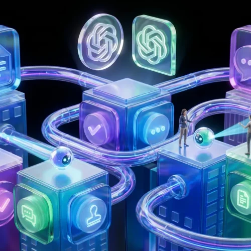 Vibrant city with OpenAI and ChatGPT logos, workflows flowing through tubes, team automation visualized